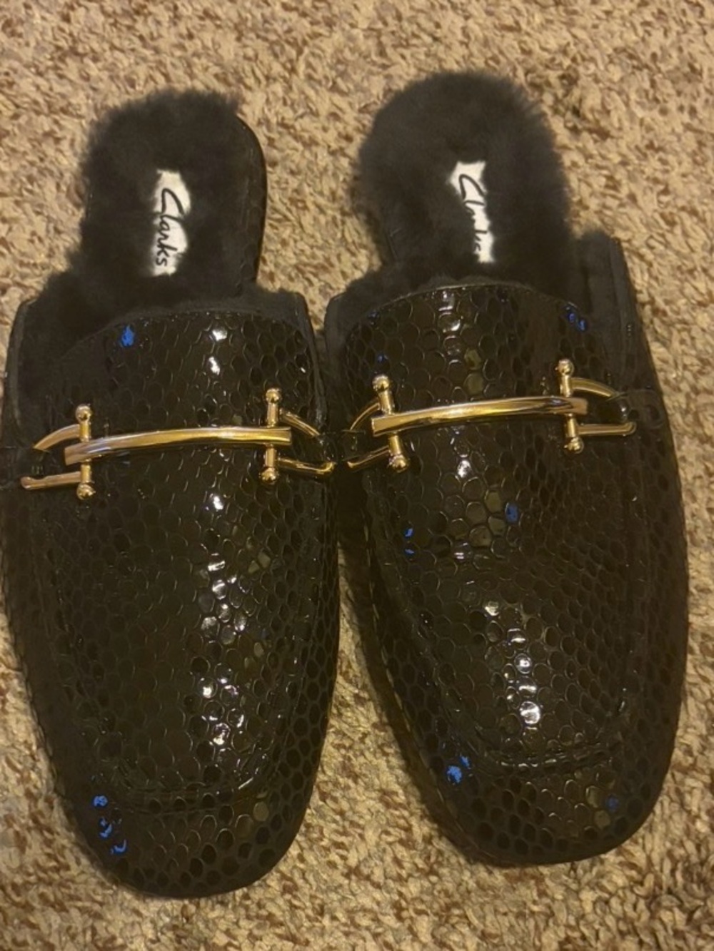 Clarks Black Faux-Snake Slip-On Mules with Gold Hardware Size 7